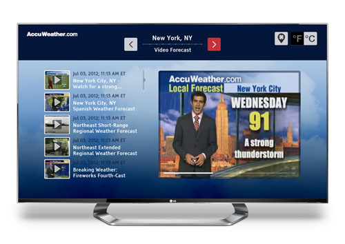 The LG Smart TV displaying the weather forecast channel.