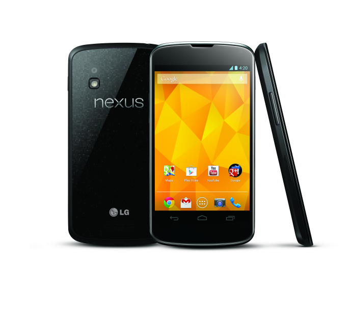 From left to right; a back view of LG Nexus 4, a front view of LG Nexus 4, a side view of LG Nexus 4.