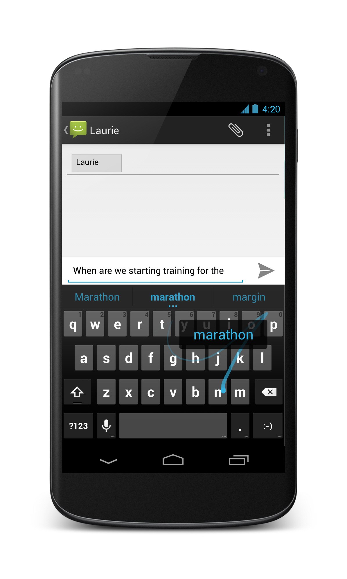 Front view of LG Nexus 4 showing the process of typing a message or email.