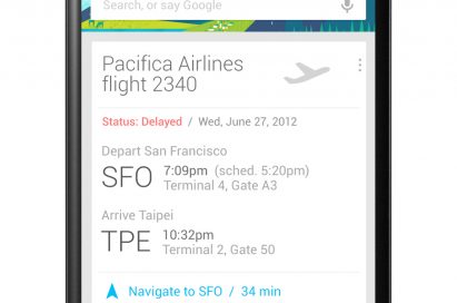 Front view of LG Nexus 4 showing a search for flights on Google.