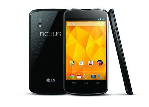 From left to right; a back view of LG Nexus 4, a front view of LG Nexus 4, a side view of LG Nexus 4.