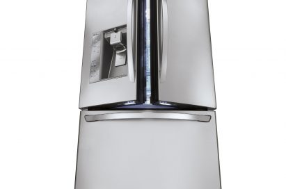 A picture of the LG French-door refrigerator (model LFX31935) opened up at an angle of approximately 15 degrees