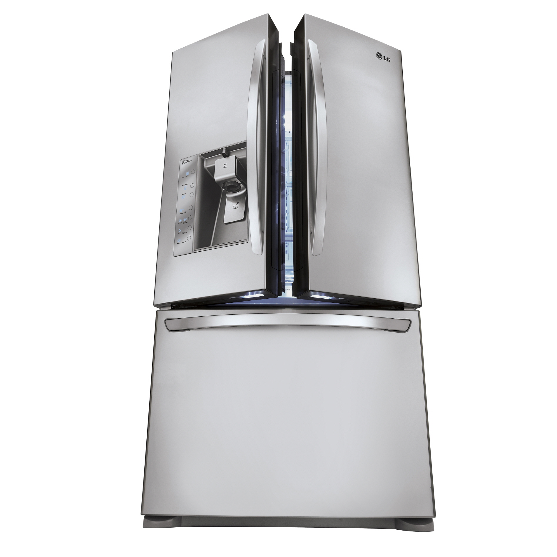 A picture of the LG French-door refrigerator (model LFX31935) opened up at an angle of approximately 15 degrees