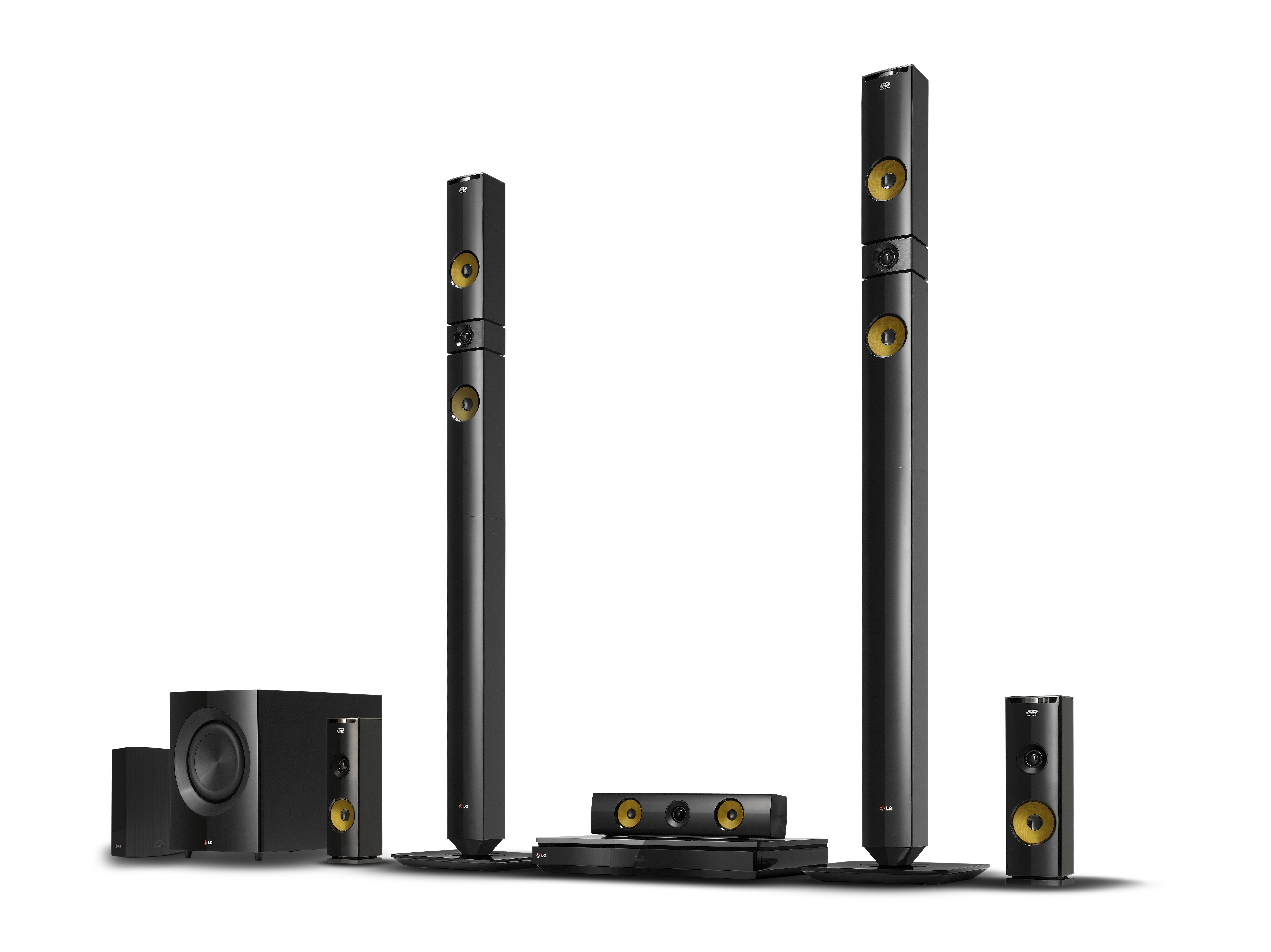 LG 2013 audio and video lineup including BH9430PW 9.1-channel speaker system, NB4530A Sound Bar, BP730 Blu-ray player with Smart TV features, the ND8630 Dual Docking Speaker and the NP6630 Portable Speaker.