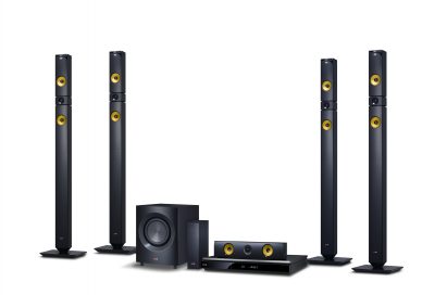 A right-side view of LG 2013 audio and video lineup including BH9430PW 9.1-channel speaker system, NB4530A Sound Bar, BP730 Blu-ray player with Smart TV features, the ND8630 Dual Docking Speaker and the NP6630 Portable Speaker.