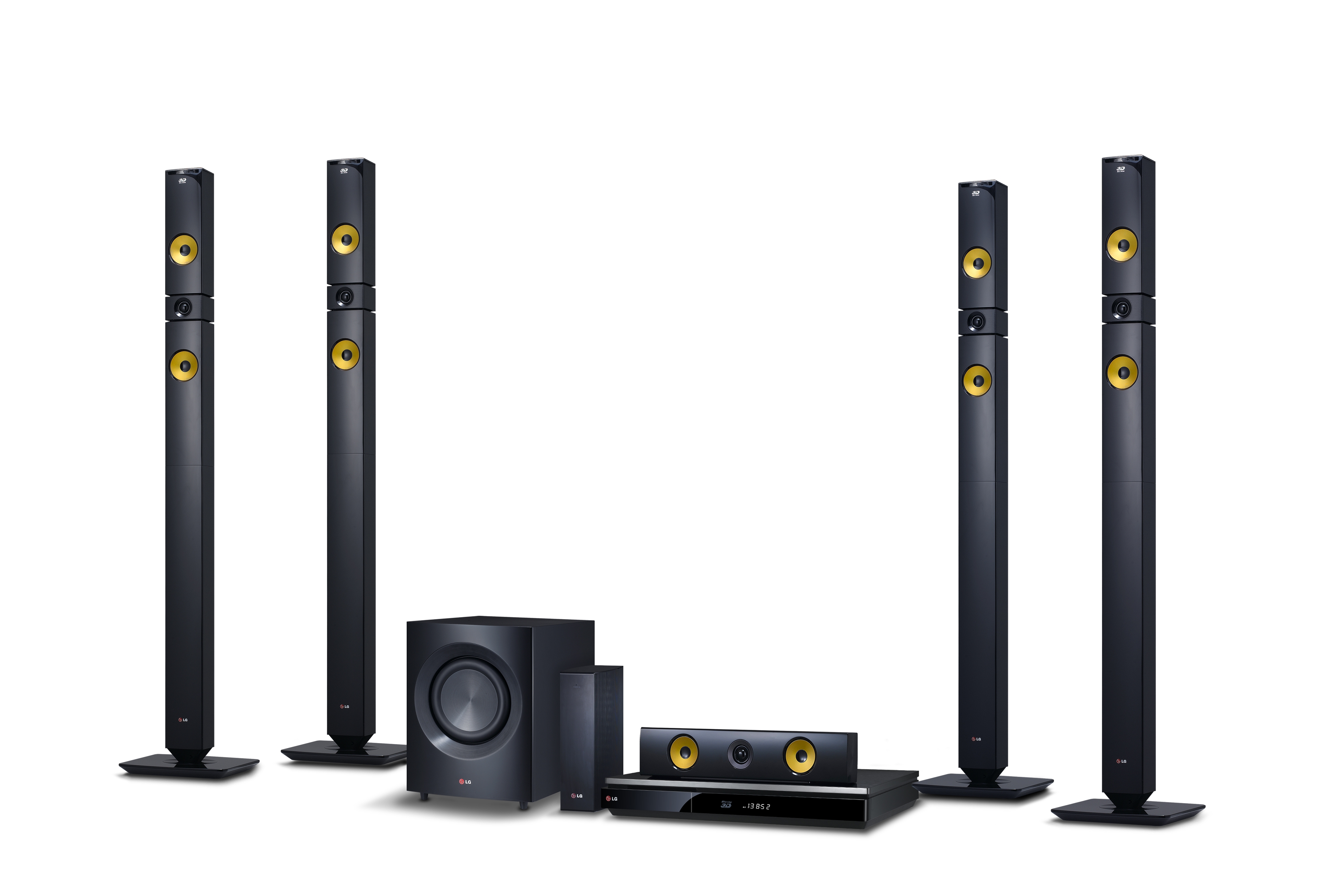A right-side view of LG 2013 audio and video lineup including BH9430PW 9.1-channel speaker system, NB4530A Sound Bar, BP730 Blu-ray player with Smart TV features, the ND8630 Dual Docking Speaker and the NP6630 Portable Speaker.