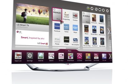 A left-side view of LG’s new CINEMA 3D Smart TV displaying Smart Home screen