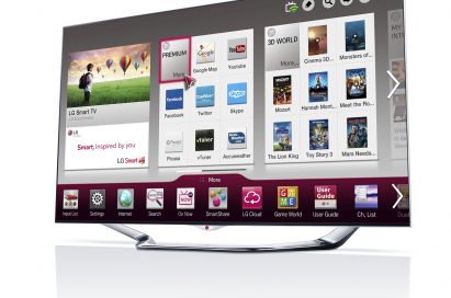 A right-side view of LG’s new CINEMA 3D Smart TV displaying Smart Home screen