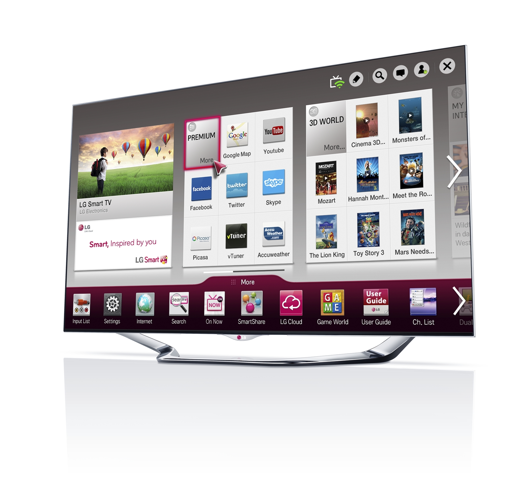 A right-side view of LG’s new CINEMA 3D Smart TV displaying Smart Home screen