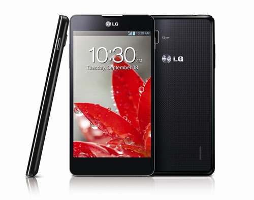From left to right; a side view, a front view and a back view of LG Optimus G. width=