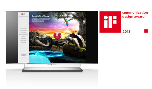 LG OLED TV displaying its microsite with the 2013 iF Design Award logo on the right.