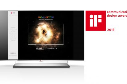 LG OLED TV displaying the main page of its microsite with the 2013 iF Design Award logo on the right