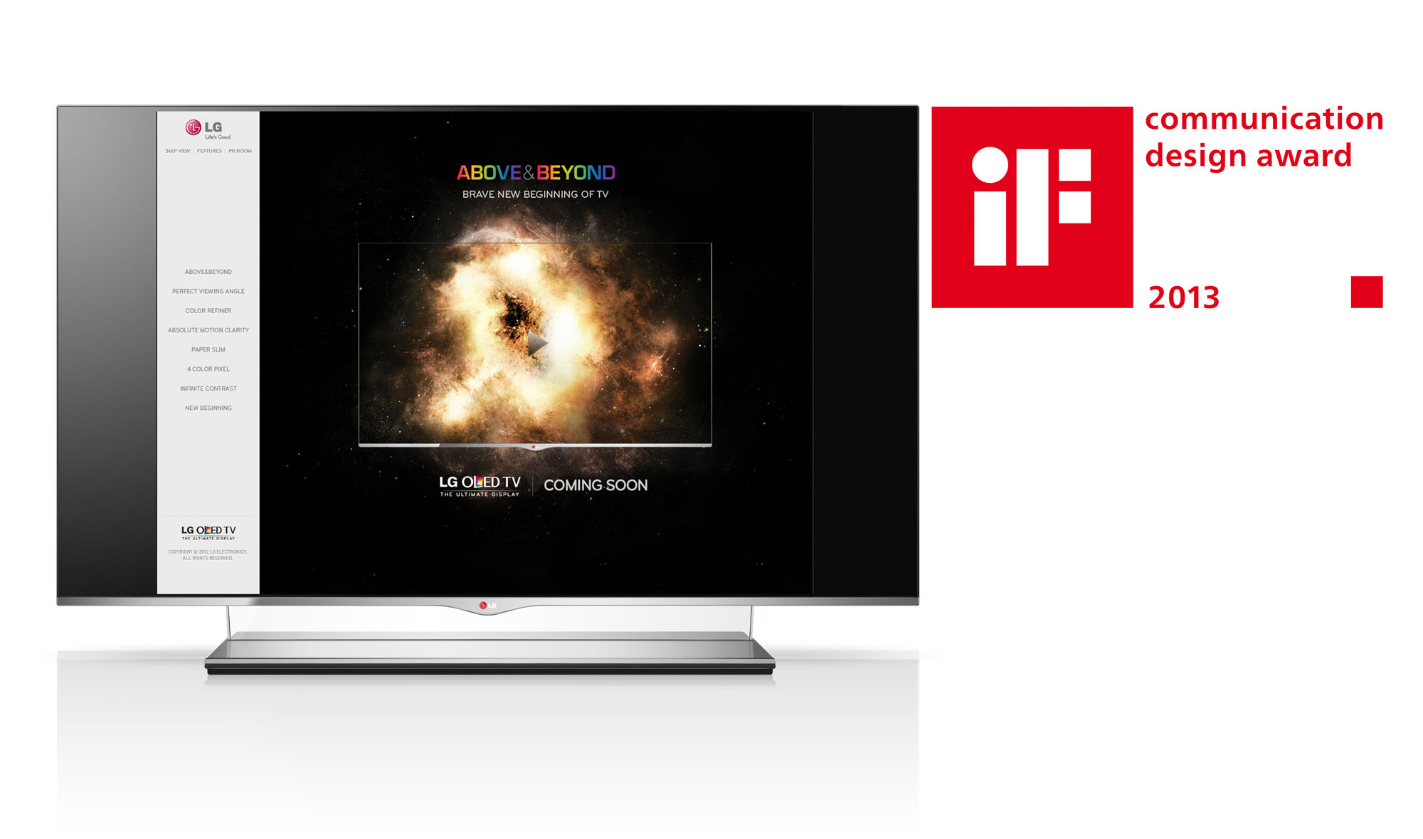 LG OLED TV displaying the main page of its microsite with the 2013 iF Design Award logo on the right