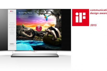 LG OLED TV displaying its microsite with the 2013 iF Design Award logo on the right