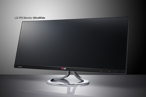 A right-side view of LG IPS monitor UltraWide model EA93 in front of a grey background.