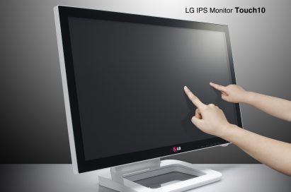 Two people touching LG IPS monitor Touch10’s display with their index fingers