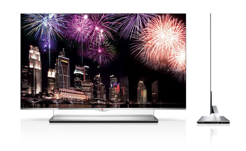 Front and side views of the LG 55-inch class (54.6-inch diagonal) WRGB OLED TV Model 55EM9700.