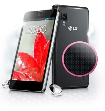 A front and back view of LG Optimus G – with a circled-image showing a close-up of its surface design overlapping.