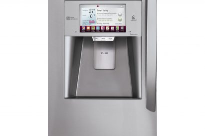 Close-up of the LG smart refrigerator’s LCD panel