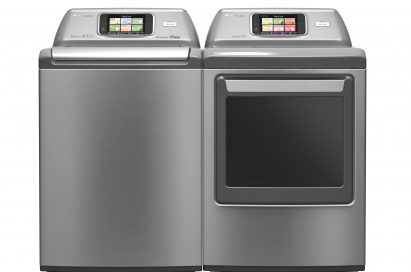 Front view of two LG smart washing machines