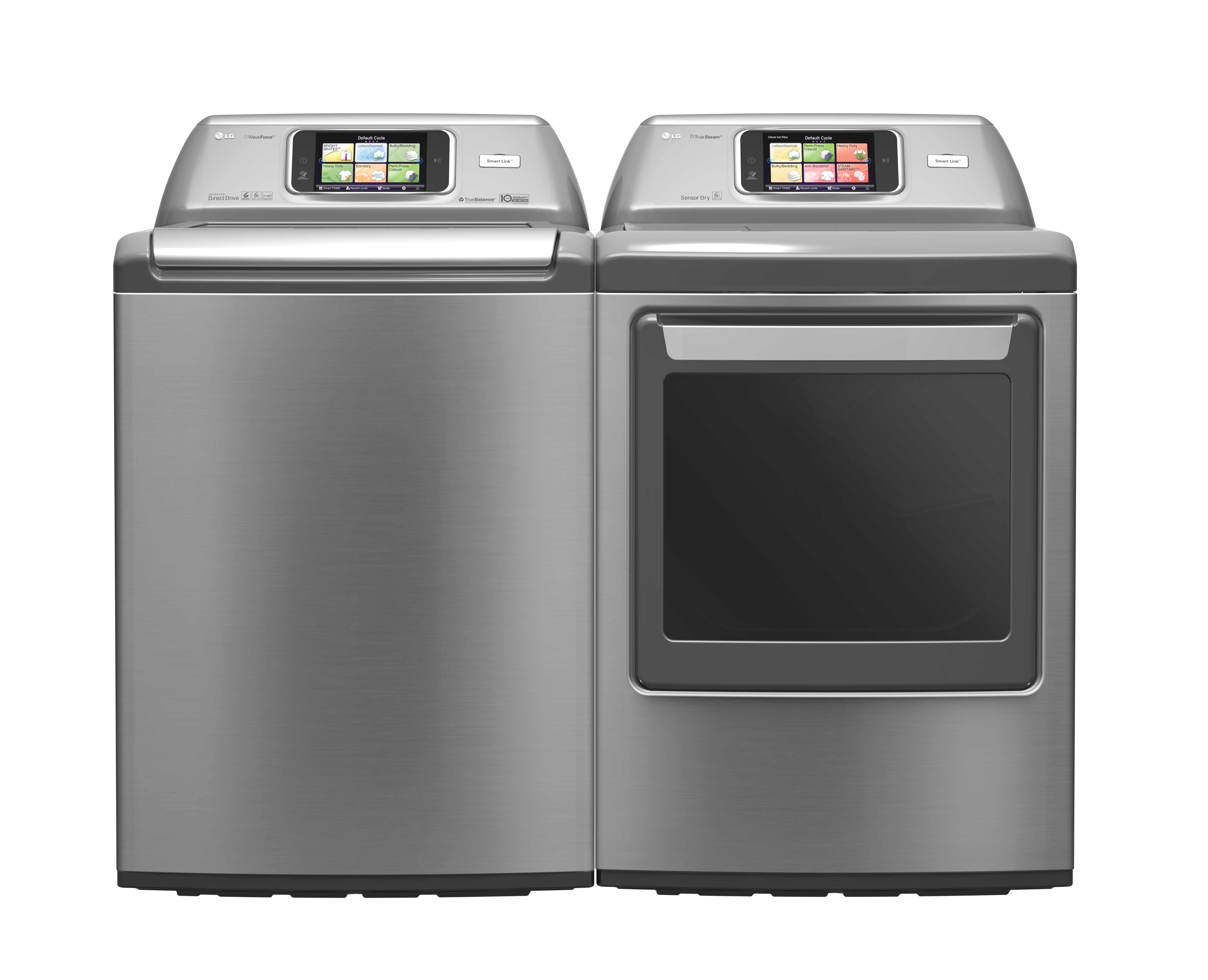 Front view of two LG smart washing machines