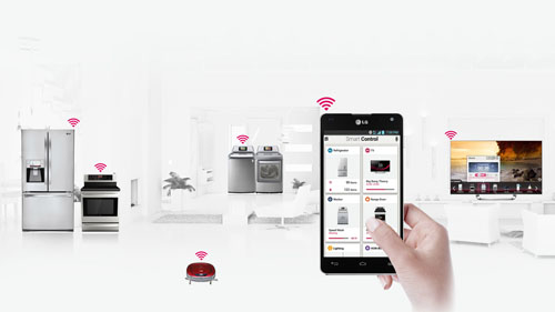 A picture showing how the Smart Home Service as well as its convergent home appliance management system, SmartControl, lets the user control their LG home appliance and entertainment products from a single location