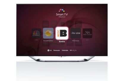 A Smart TV Alliance main page on TV with logos of LG Electronics, Panasonic, Toshiba and TP Vision