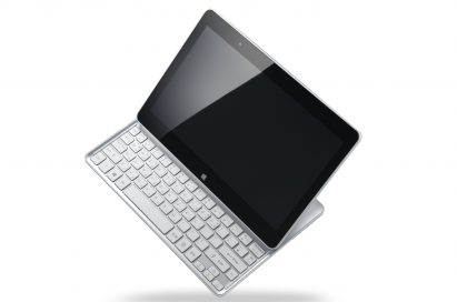 A side view of the LG Tab-Book balancing on its bottom right corner.