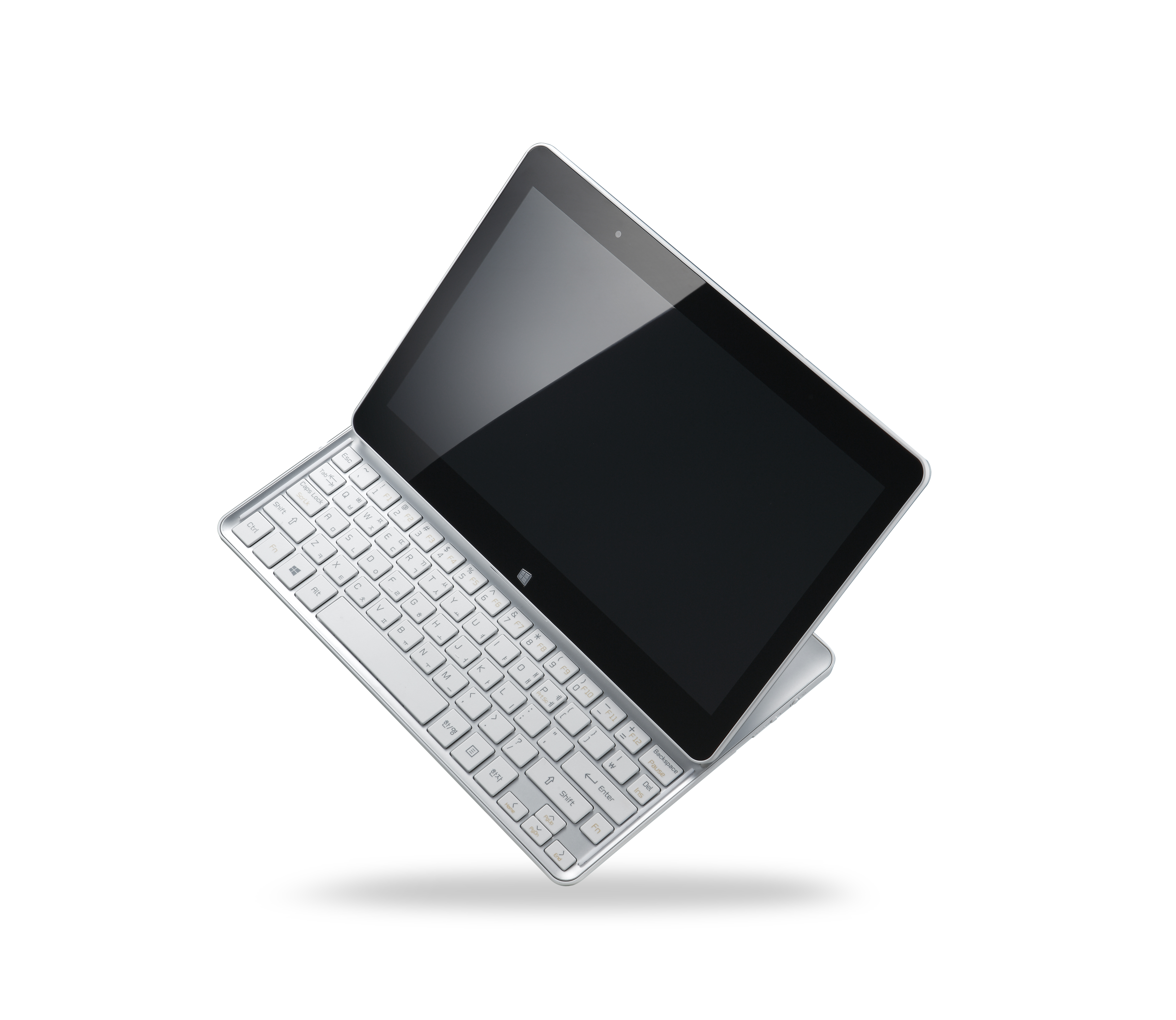 A side view of the LG Tab-Book balancing on its bottom right corner.