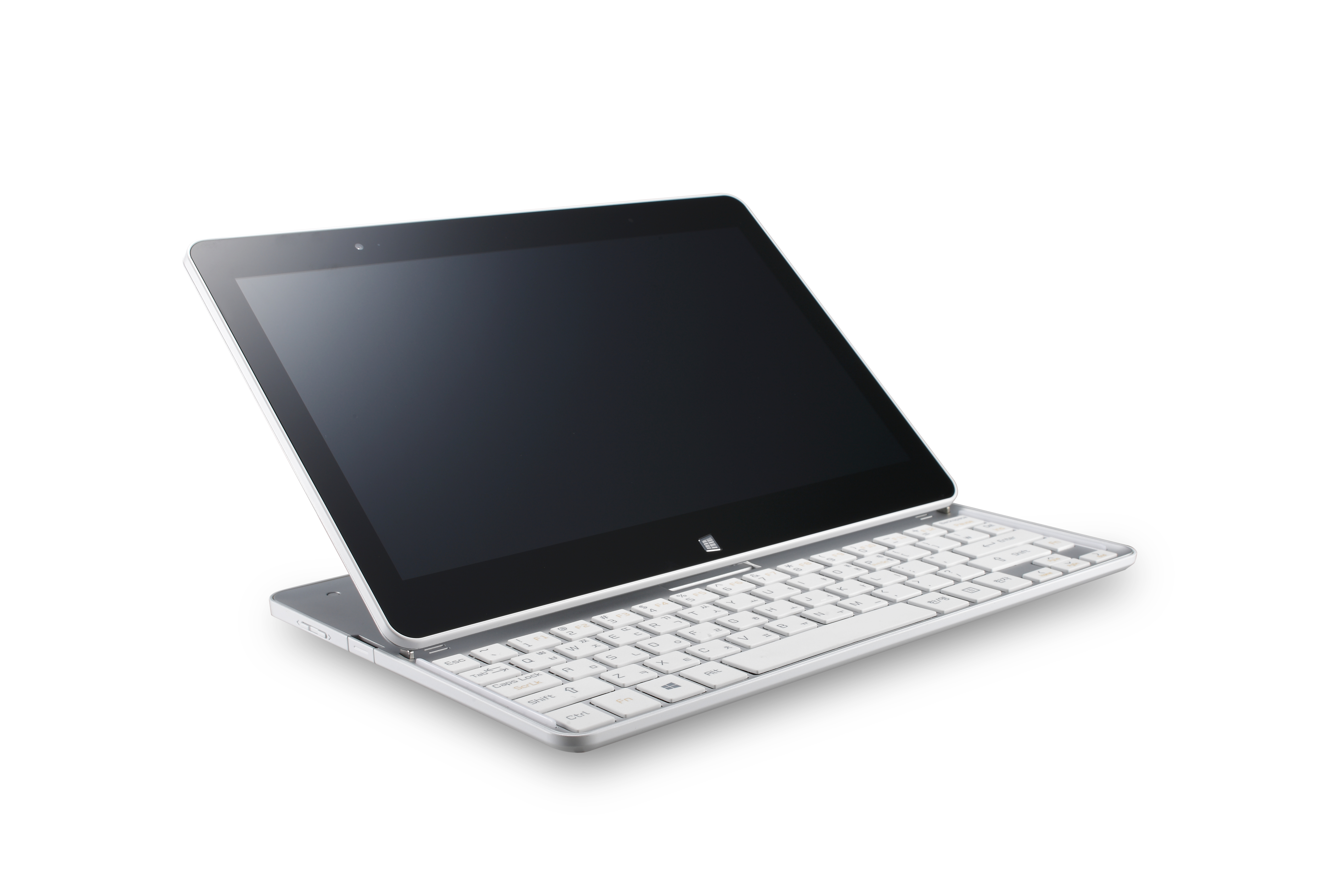 A side view of the LG Tab-Book on a table with its keyboard revealed.