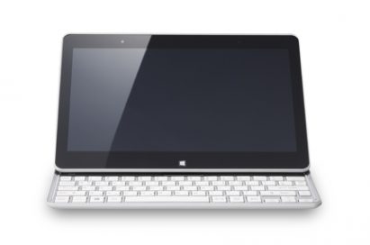 A front view of the LG Tab-Book with its keyboard revealed.