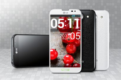 Horizonal, front, rear views of the LG Optimus G Pro in black and white