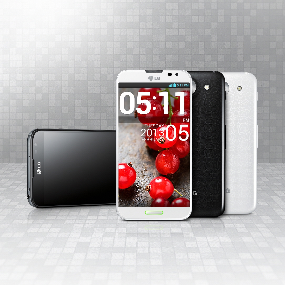 Horizonal, front, rear views of the LG Optimus G Pro in black and white