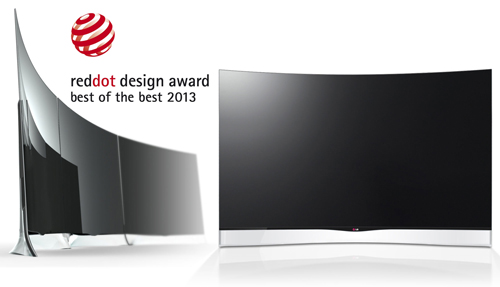 Logo of the Red Dot Design Awards next to a picture of LG’s curved OLED TV (model EA9800), which took the Best of the Best 2013 award