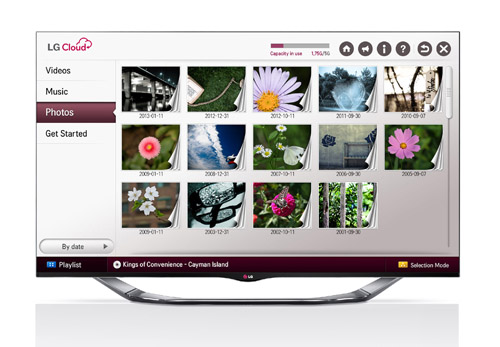 LG Cloud service showing stored photos on screen.