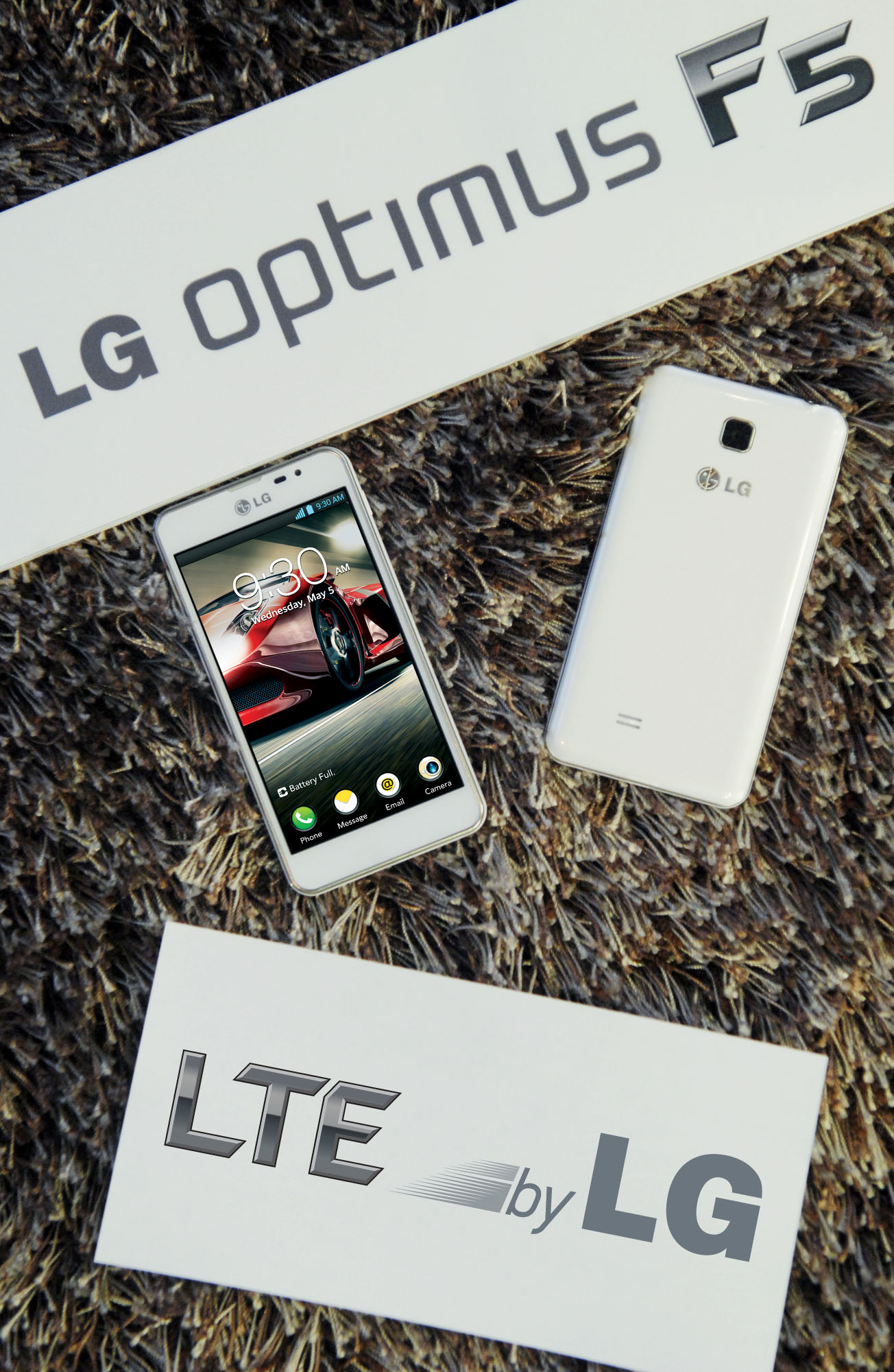 Two LG Optimus F5s on a carpet with panels saying ‘LG Optimus F5’ and ‘LTE by LG’ – one showing its front and the other one showing its back.