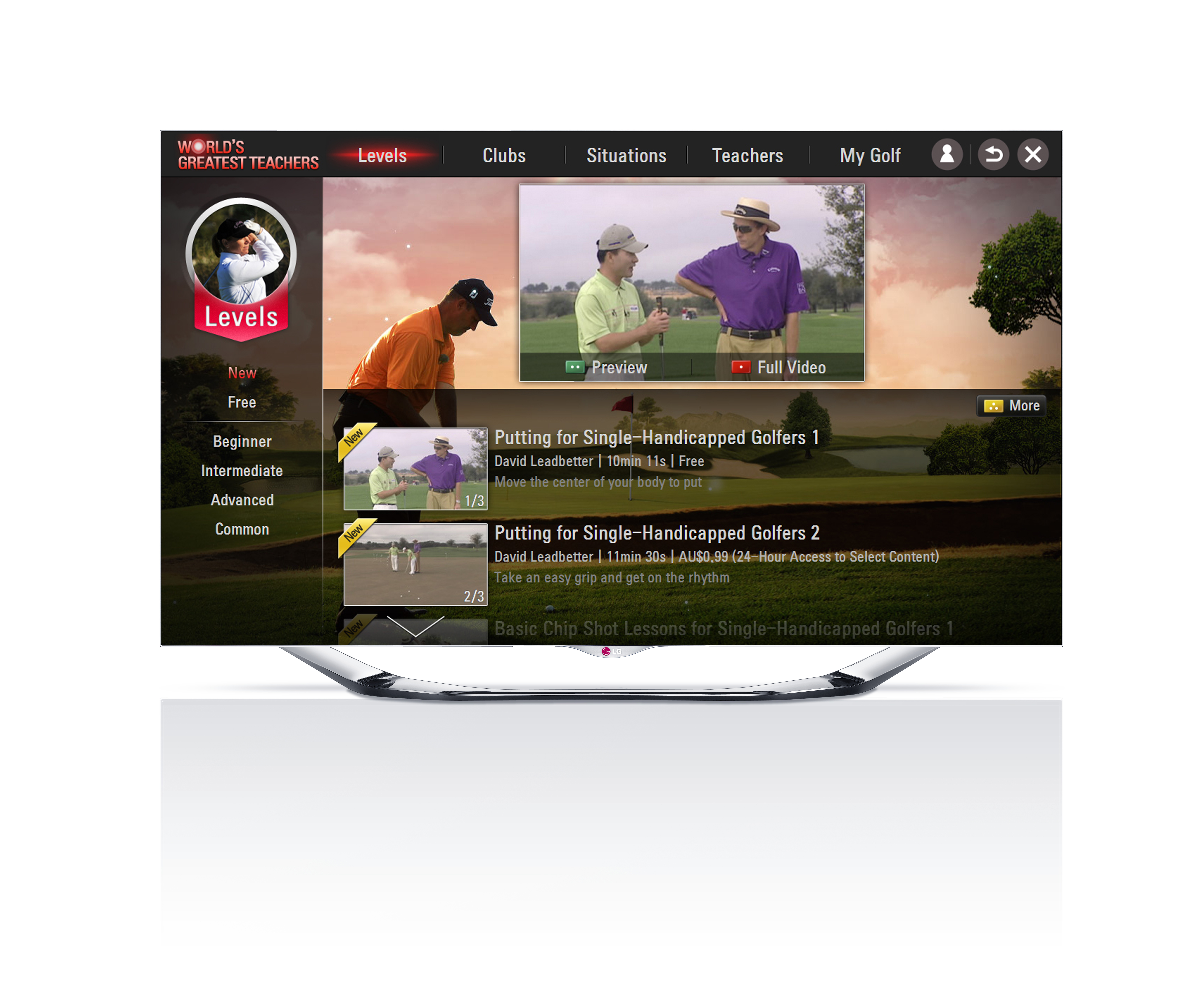 Golfing application, ‘World’s Greatest Teachers,’ displayed on an LG CINEMA 3D Smart TV