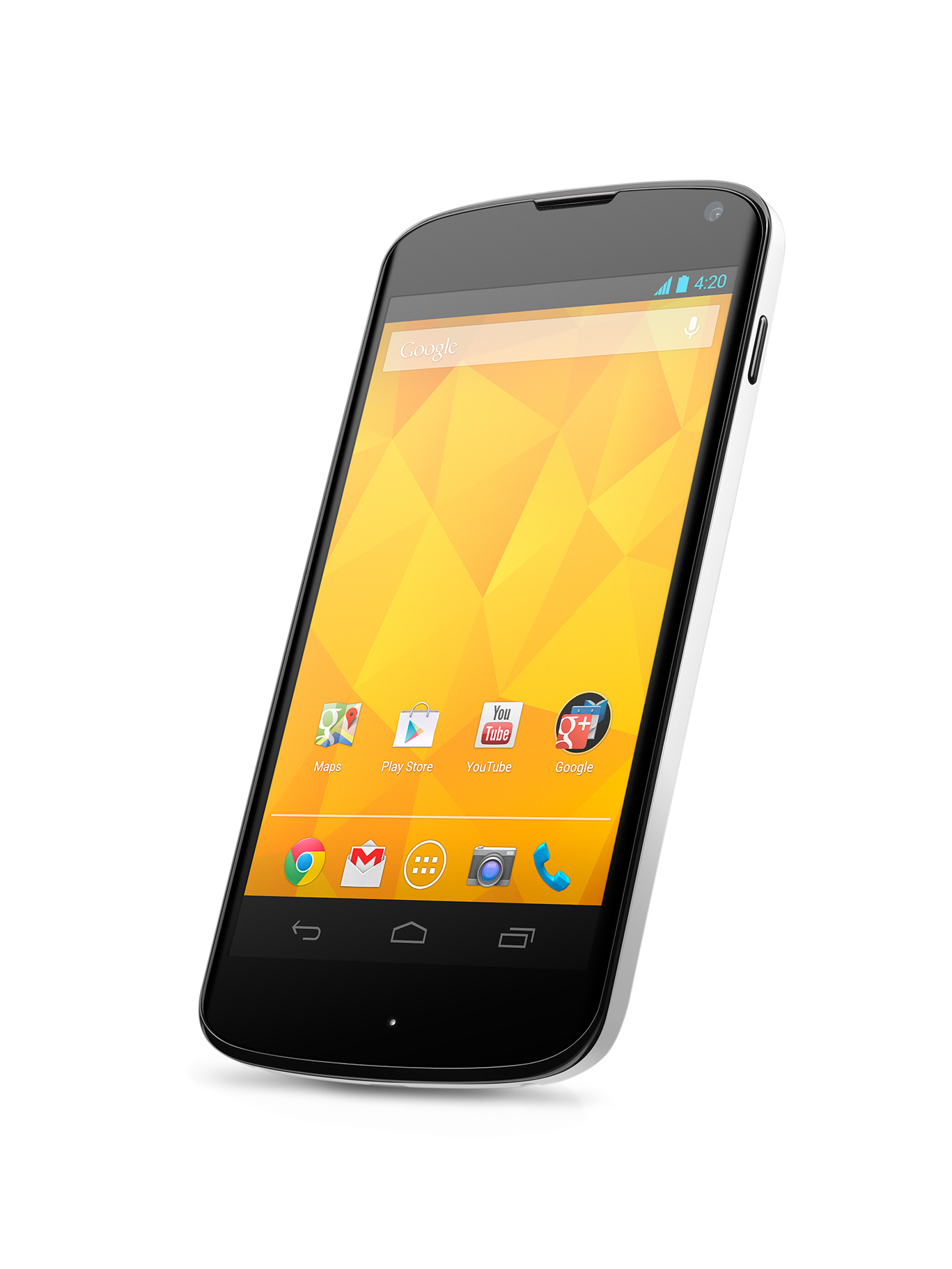A 45 degrees clockwise view of the Nexus 4 White