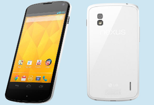 A 45 degrees clockwise view of the Nexus 4 White, and a rear view