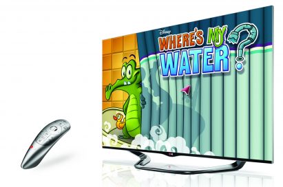 LG Magic Remote and the right-side view of an LG CINEMA 3D SMART TV displaying ‘Where’s My Water’, a game that can be found on the Smart TV’s game store