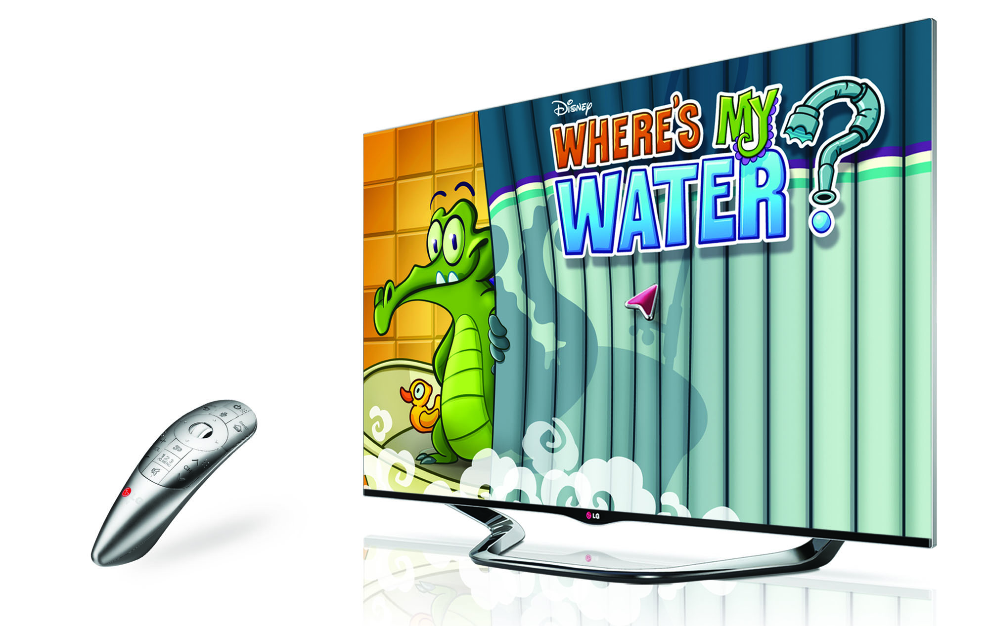 LG Magic Remote and the right-side view of an LG CINEMA 3D SMART TV displaying ‘Where’s My Water’, a game that can be found on the Smart TV’s game store