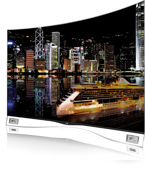 A right-side view of the LG's curved OLED TV model 55EA9800 displaying a night scene of the city