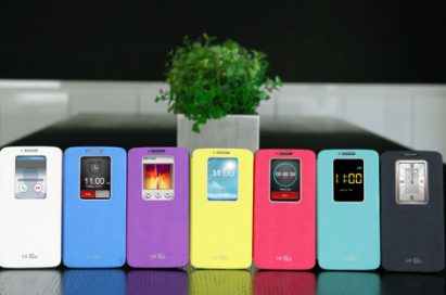 G2s wearing QuickWindowTM cases in seven colors are displayed; white, blue, purple, yellow, pink, mint and black.