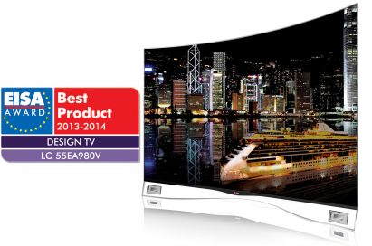 The European Imaging and Sound Association (EISA) Awards logo next to a right-side view of the LG CURVED OLED TV model 55EA9800