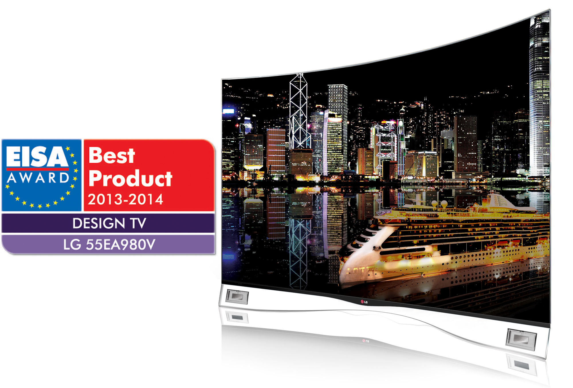 The European Imaging and Sound Association (EISA) Awards logo next to a right-side view of the LG CURVED OLED TV model 55EA9800