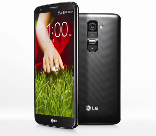 A half-side view of the front of LG G2 and the back of LG G2.