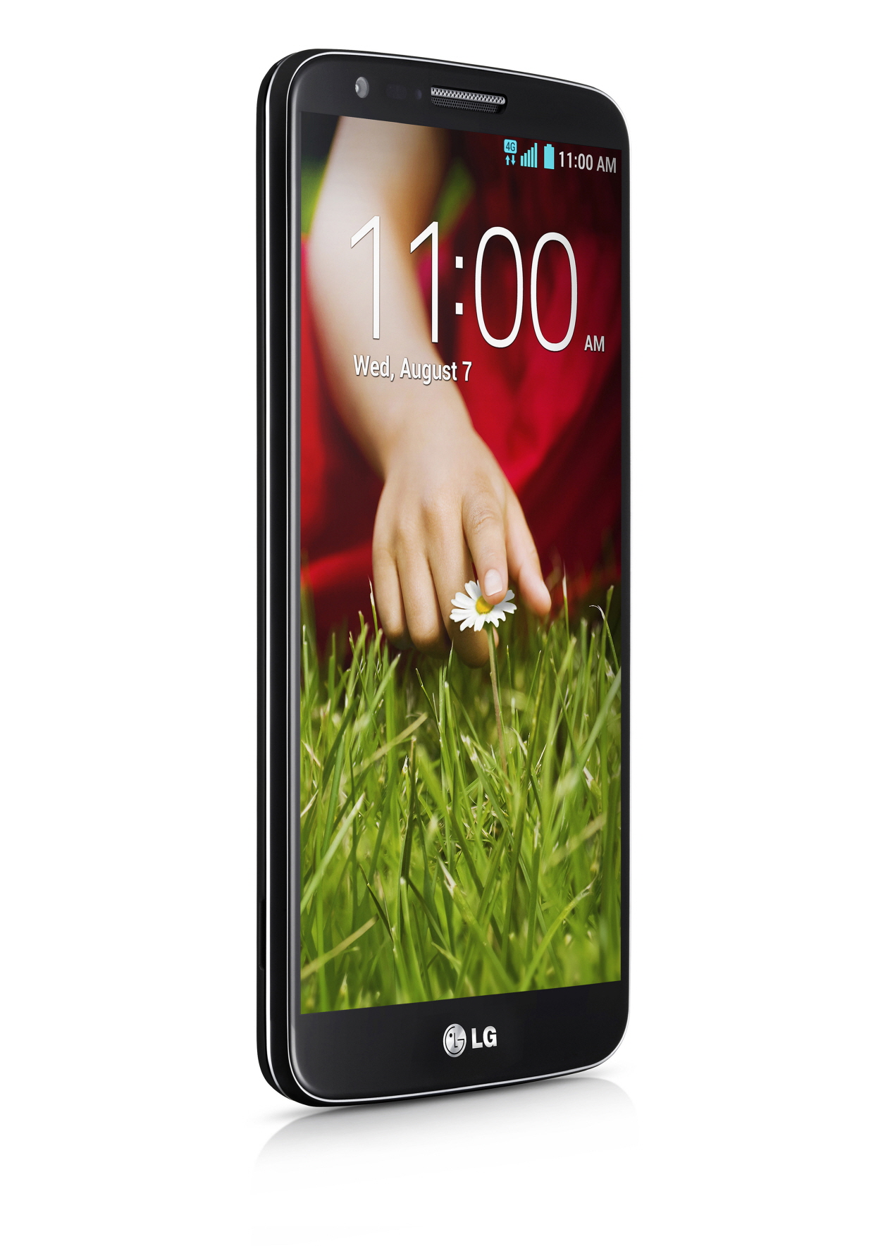 A half-side view of the front of LG G2.