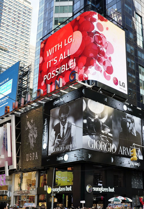 LG’s new brand identity, “It’s All Possible,” is advertised at the outdoor LED display.