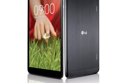 Half side views of the front and the back of LG G Pad 8.3 in black color.
