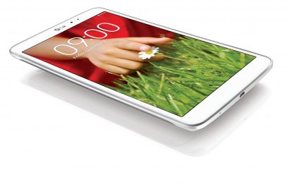 A side view of LG G Pad 8.3 in white while hovering over a white surface.